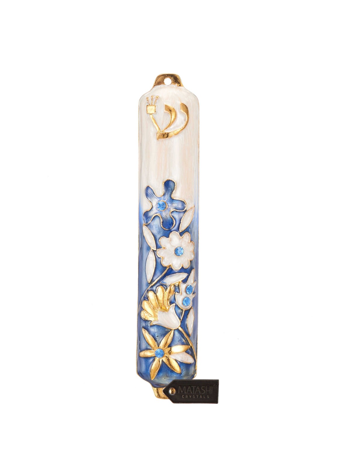 Blue and Ivory Crystaled Hand Painted Flower Mezuz | Mezuzahs | Judaic