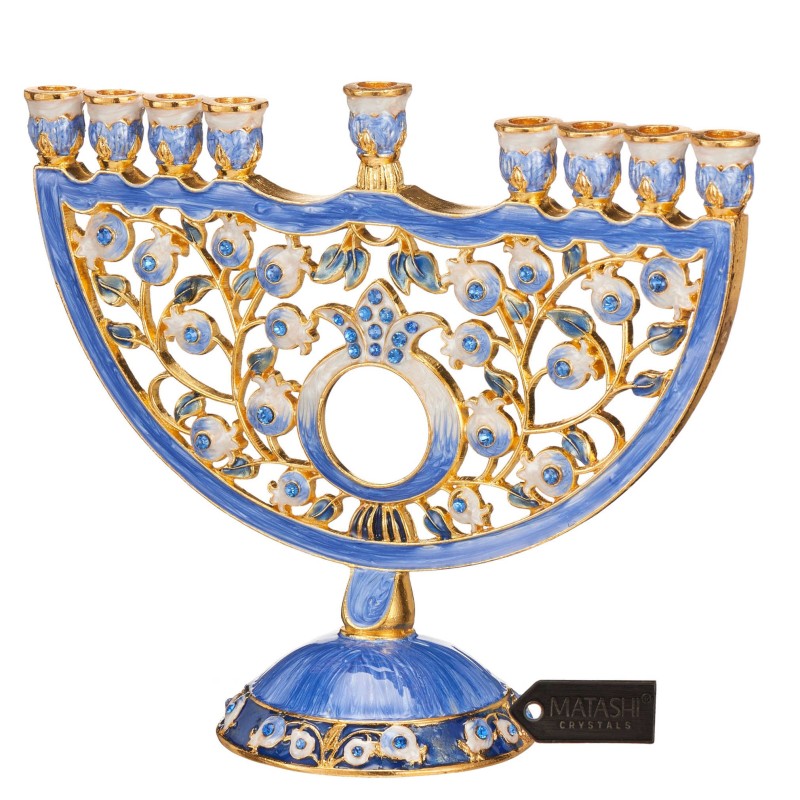 Crystaled Deep Blue Hand Painted Pomegranate Menor | Hanukkah | Judaic