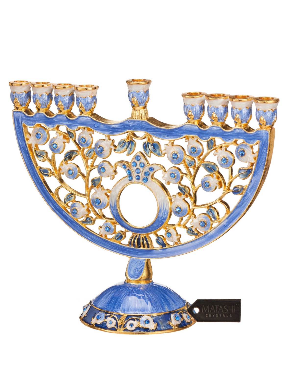 Crystaled Deep Blue Hand Painted Pomegranate Menor | Hanukkah | Judaic