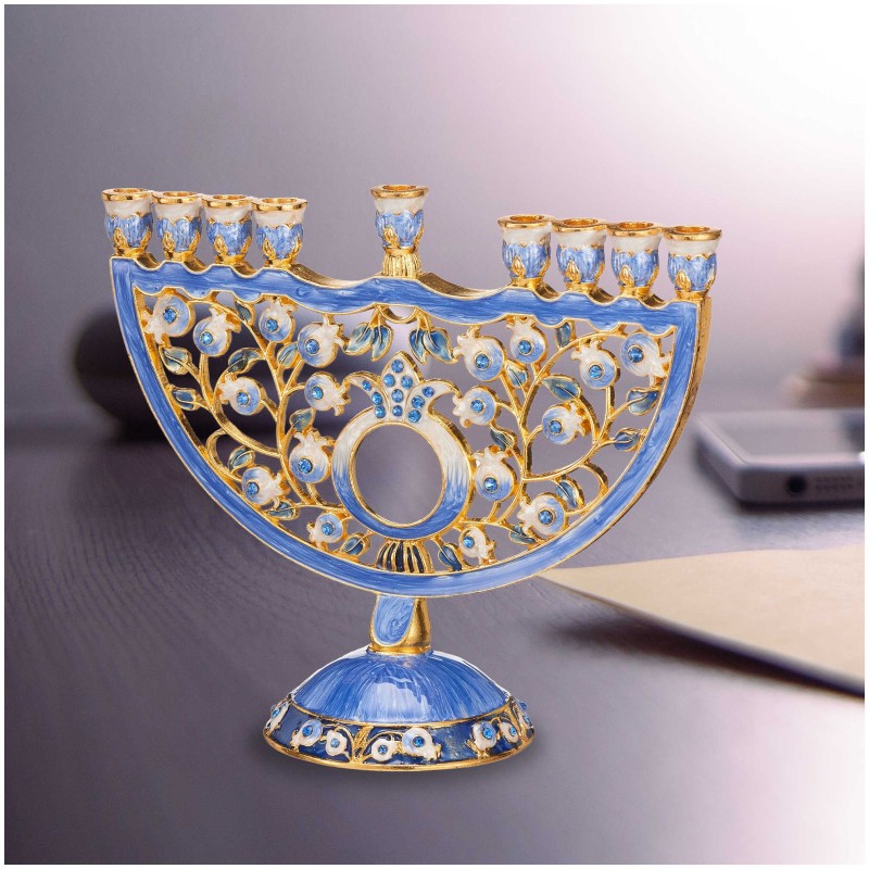 Crystaled Deep Blue Hand Painted Pomegranate Menor | Hanukkah | Judaic