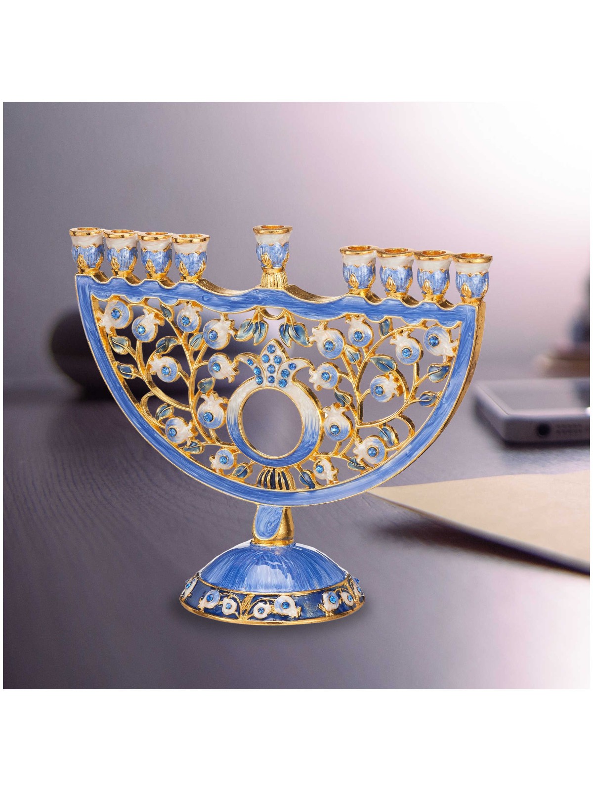 Crystaled Deep Blue Hand Painted Pomegranate Menor | Hanukkah | Judaic