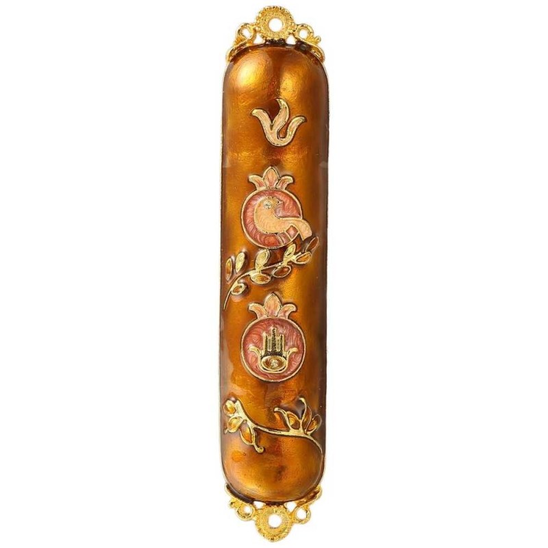 Earthy Red Hand Painted Hamsa and Dove Crystaled M | Mezuzahs | Judaic