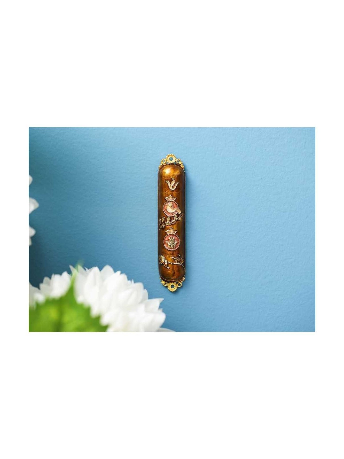 Earthy Red Hand Painted Hamsa and Dove Crystaled M | Mezuzahs | Judaic