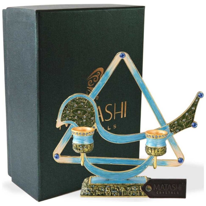 Teal Modern Bird Design Oil Candlesticks | Candle Holders | Judaica