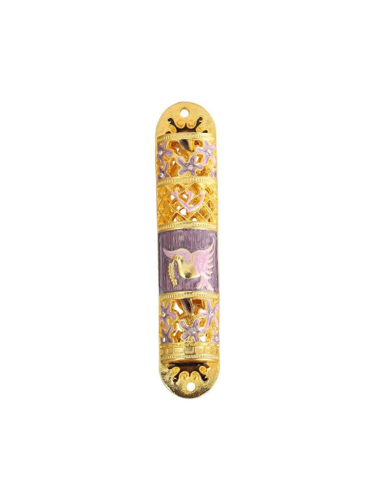 Gold and Purple Crystaled Hand Painted Floral Mezu | Mezuzahs | Judaic