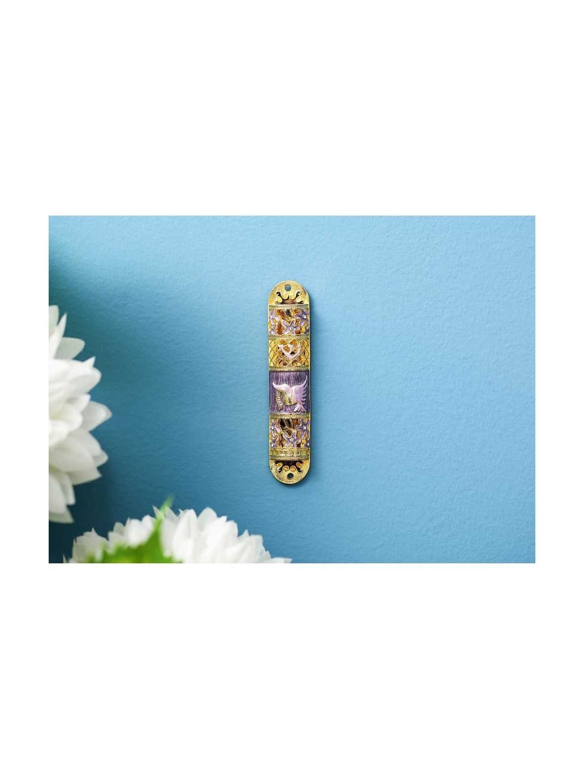 Gold and Purple Crystaled Hand Painted Floral Mezu | Mezuzahs | Judaic
