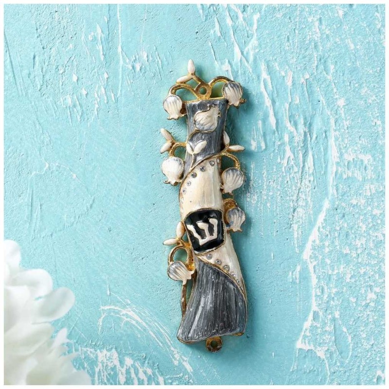 Gray and White Hand Painted Crystalled Pomegranate | Mezuzahs | Judaic