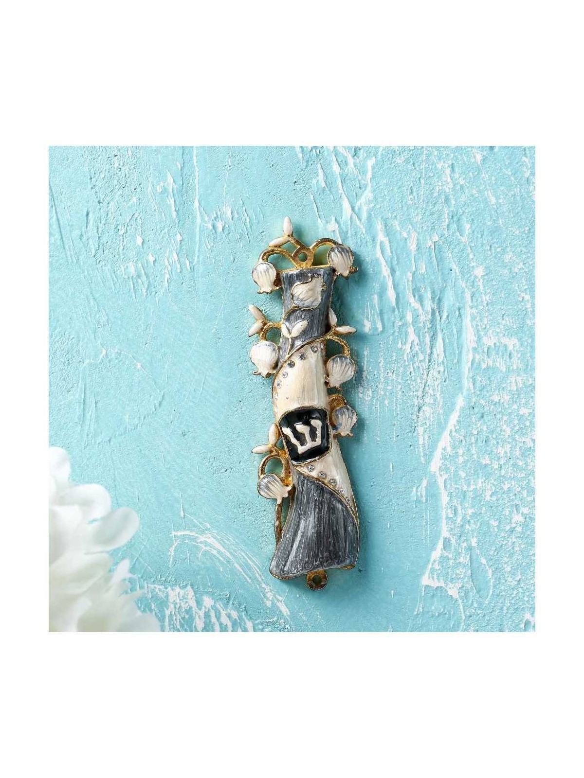 Gray and White Hand Painted Crystalled Pomegranate | Mezuzahs | Judaic