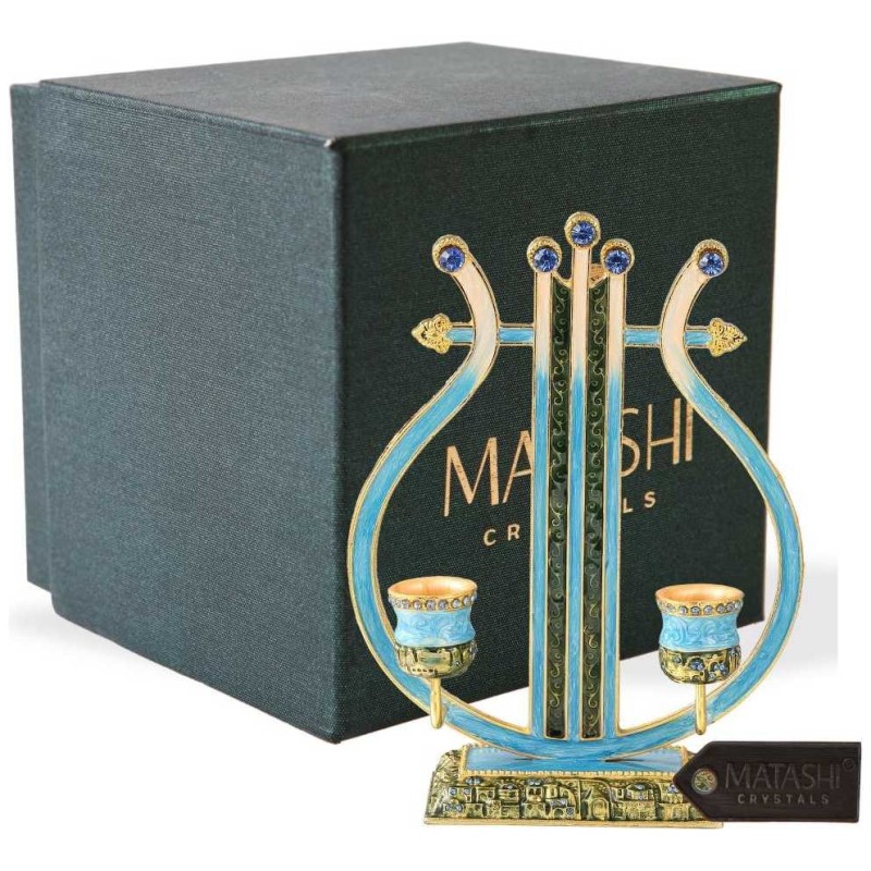 Teal Vintage Harp Oil Candlesticks | Candle Holders | Judaica