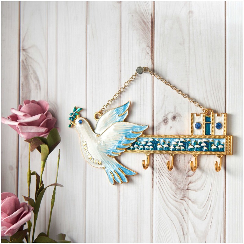 Hand-Painted Blue and Ivory Jerusalem & Dove Wall  | Art | Judaica