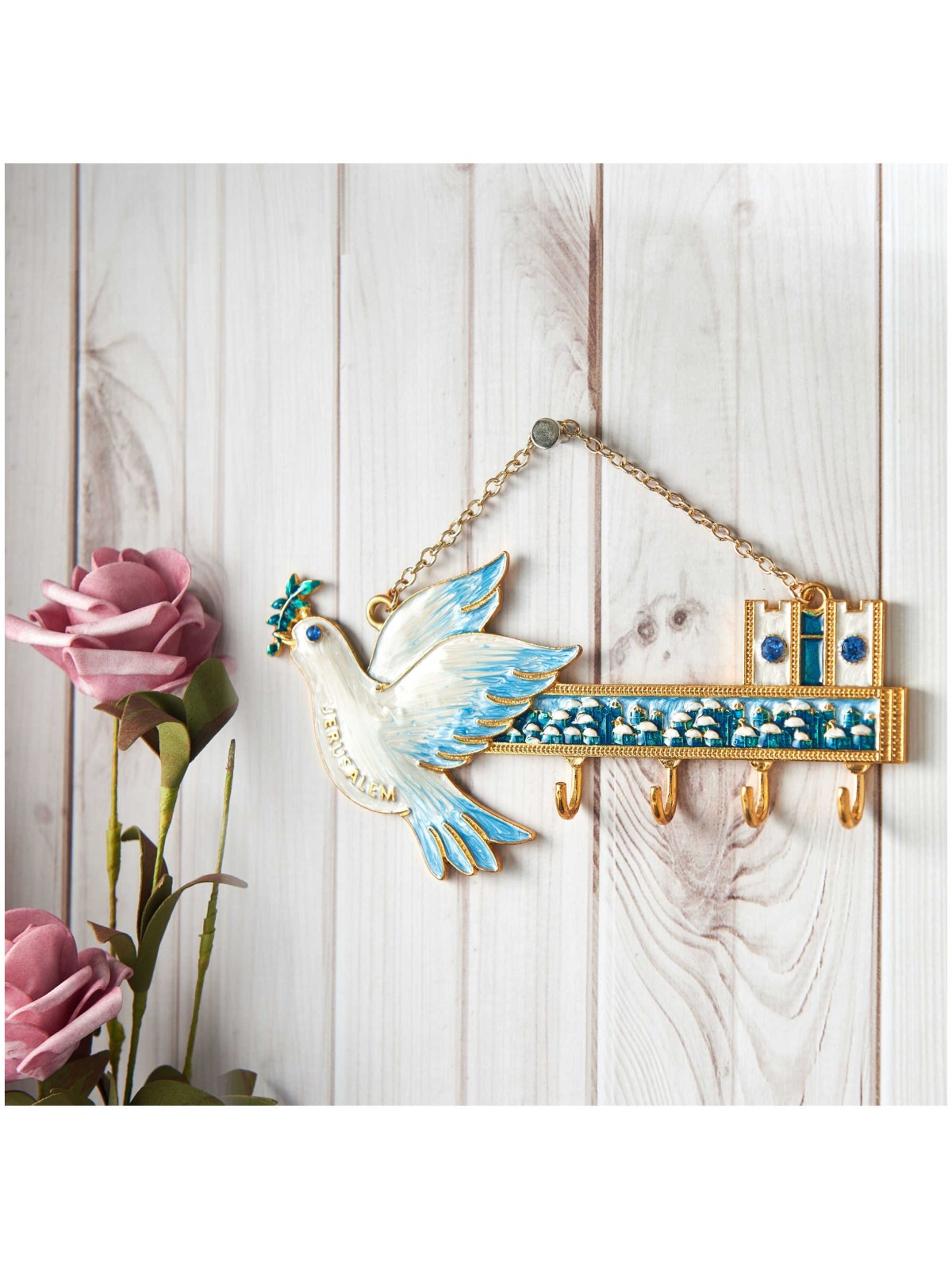 Hand-Painted Blue and Ivory Jerusalem & Dove Wall  | Art | Judaica