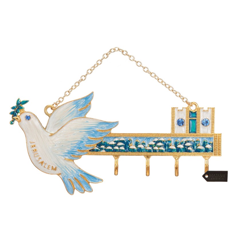 Hand-Painted Blue and Ivory Jerusalem & Dove Wall  | Art | Judaica