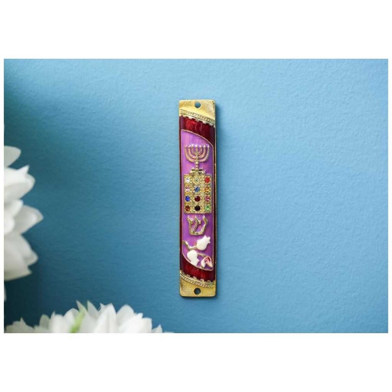 Crystaled Lavender and Red Hand Painted Menorah &  | Mezuzahs | Judaic