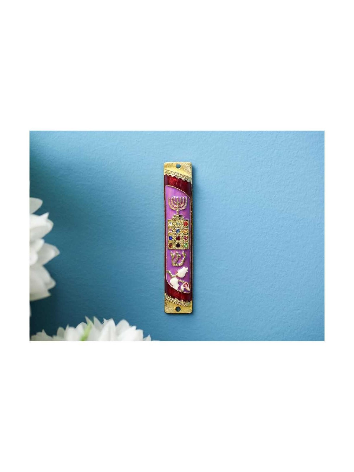 Crystaled Lavender and Red Hand Painted Menorah &  | Mezuzahs | Judaic