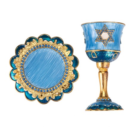 Blue and Gold Hand-Painted Star of David Stemmed K | Kiddush Cups | Ju