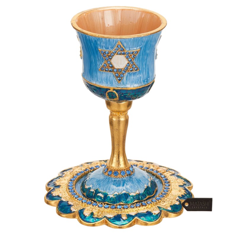 Blue and Gold Hand-Painted Star of David Stemmed K | Kiddush Cups | Ju