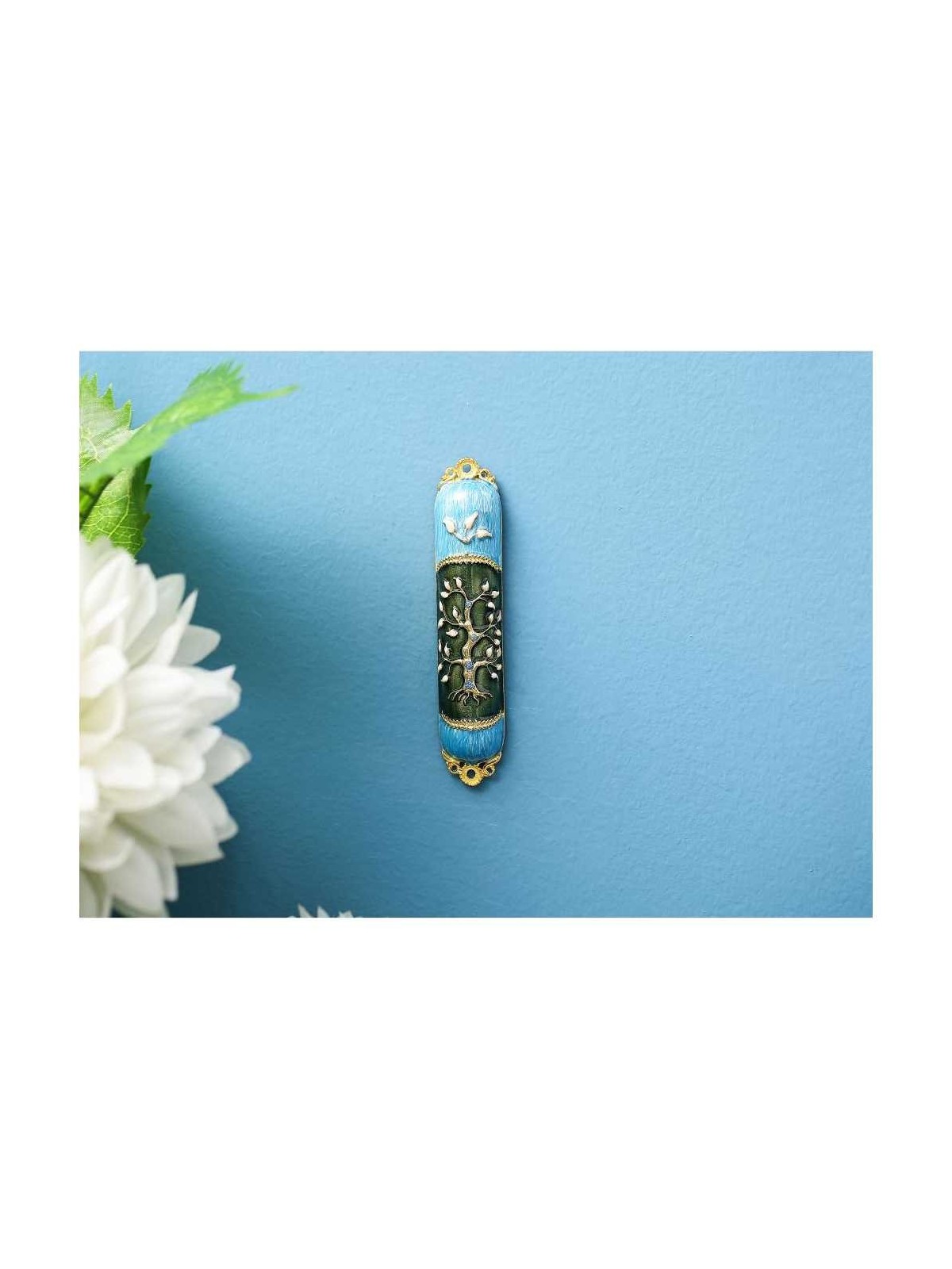 Teal and Green Crystaled Hand Painted Tree of Life | Mezuzahs | Judaic