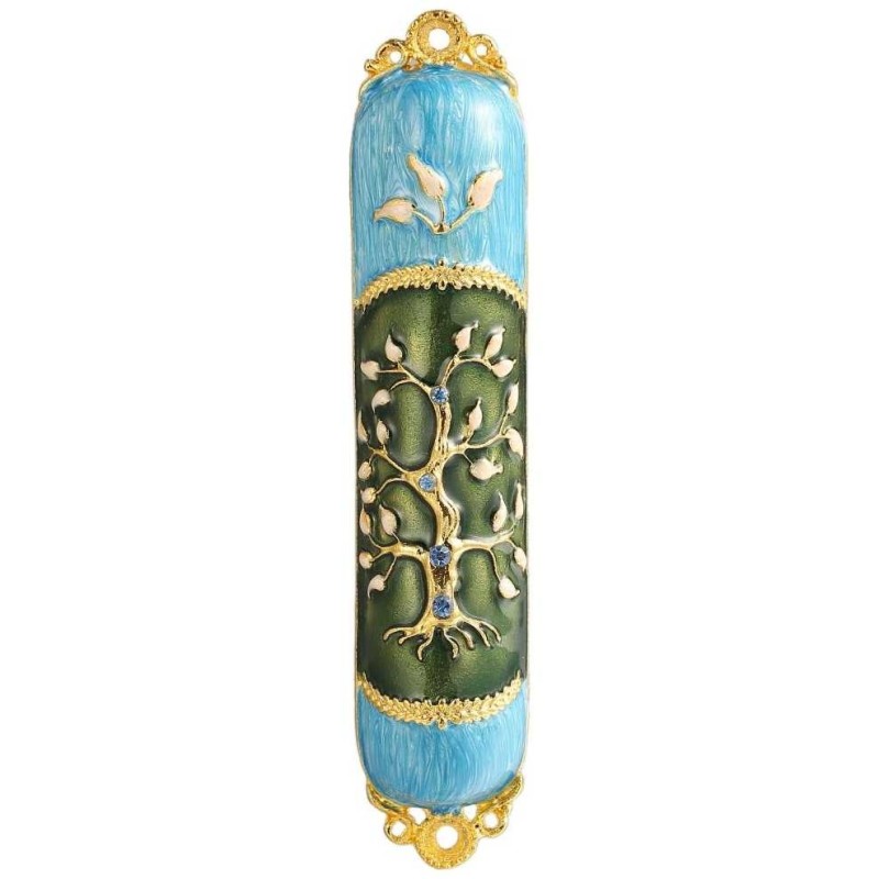 Teal and Green Crystaled Hand Painted Tree of Life | Mezuzahs | Judaic