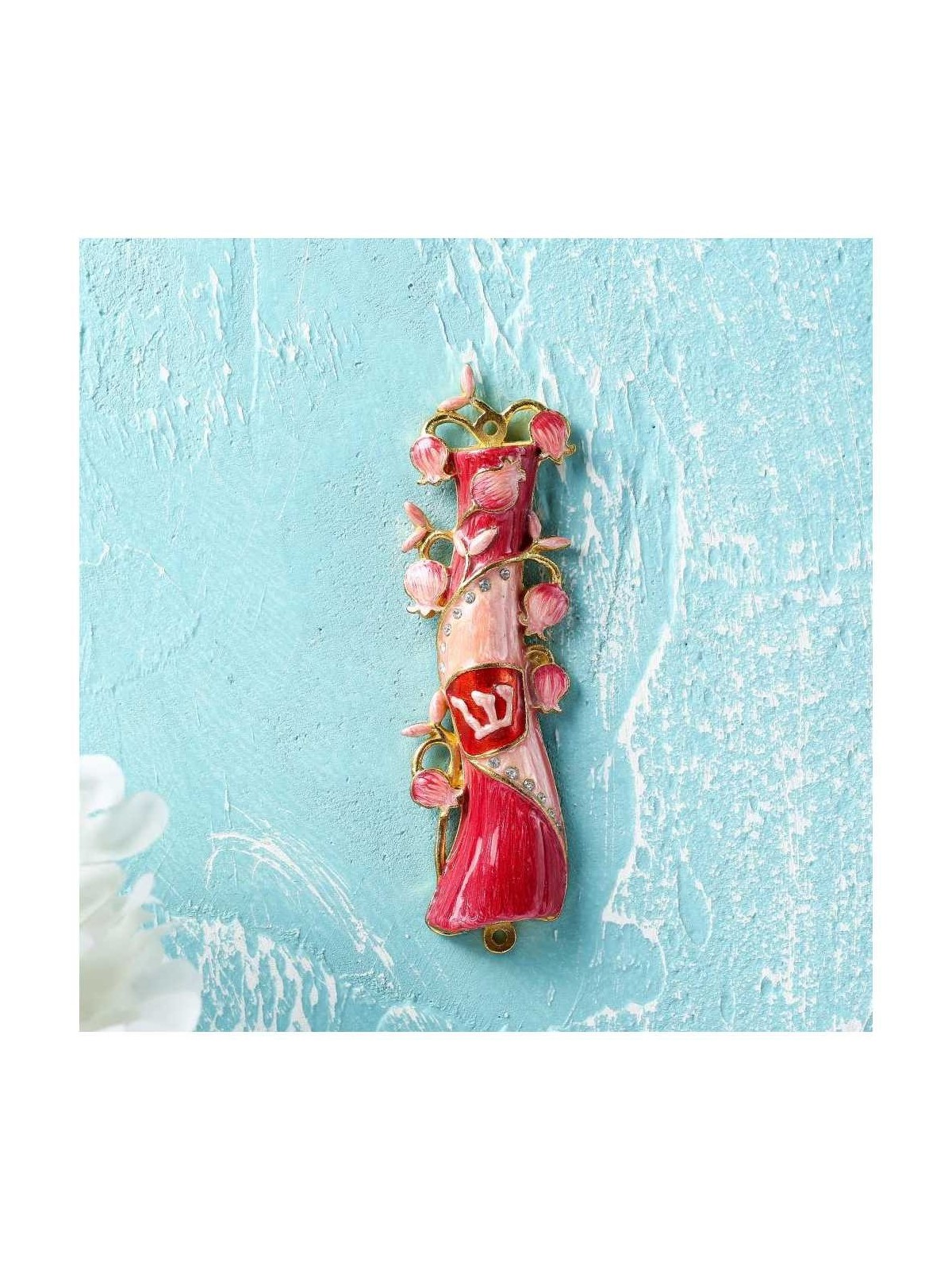 Red and Pink Hand Painted Crystalled Pomegranate F | Mezuzahs | Judaic