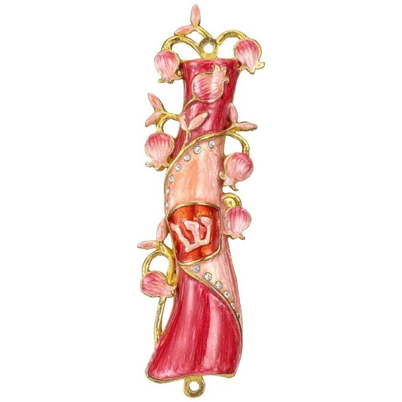 Red and Pink Hand Painted Crystalled Pomegranate F | Mezuzahs | Judaic