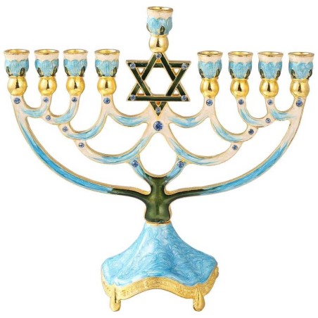 Teal Hand Painted Star of David Crystaled Menorah  | Hanukkah | Judaic