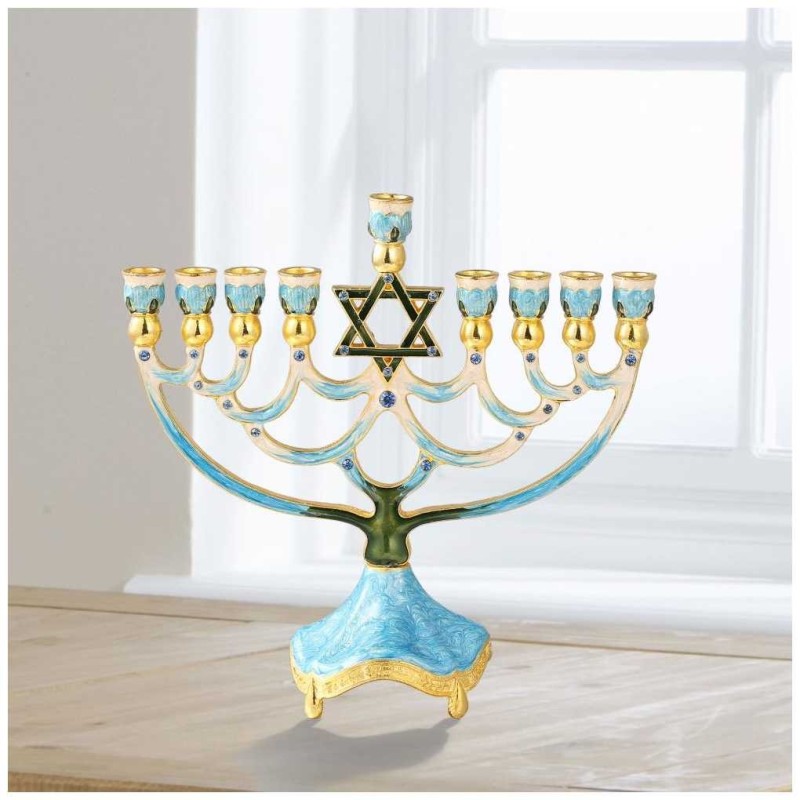 Teal Hand Painted Star of David Crystaled Menorah  | Hanukkah | Judaic