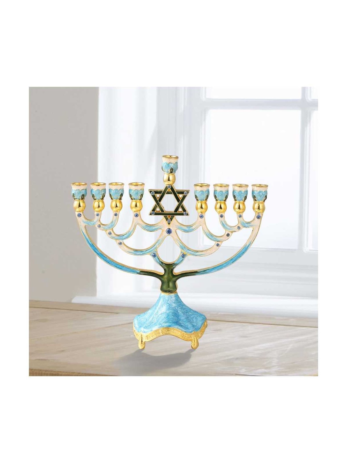 Teal Hand Painted Star of David Crystaled Menorah  | Hanukkah | Judaic