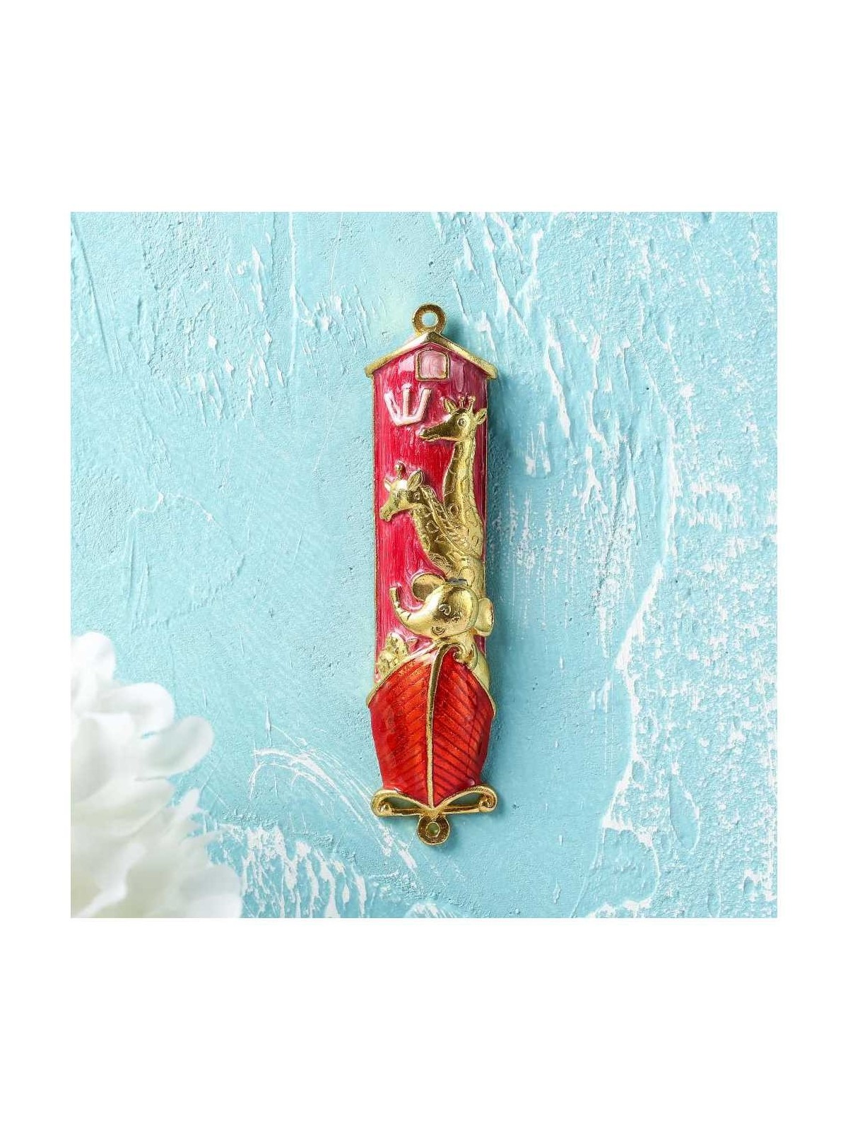 Red and Gold Hand Painted Noah's Ark Crystalled Me | Mezuzahs | Judaic