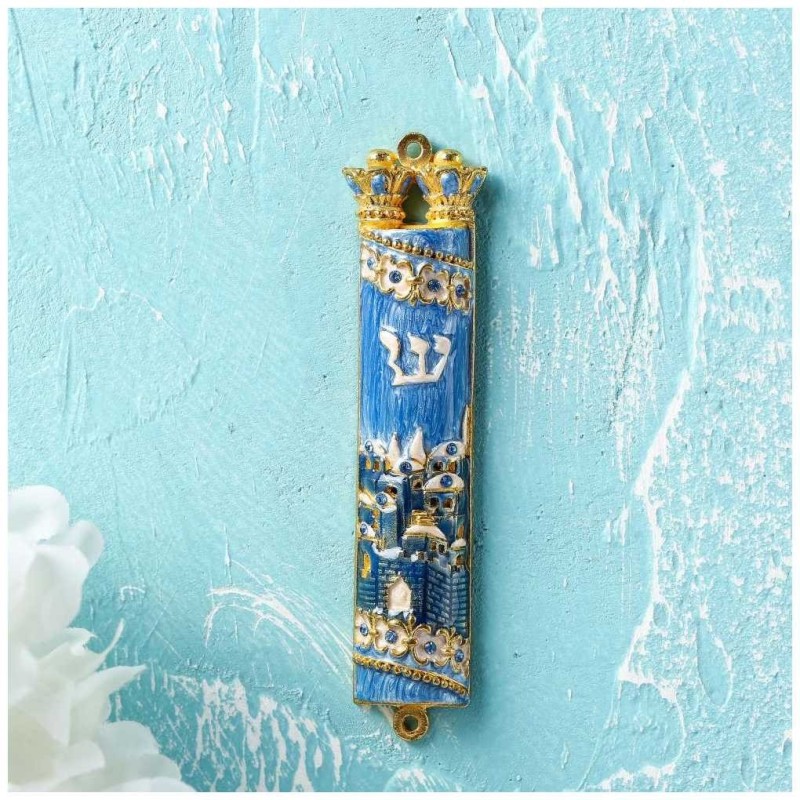 Gold and Blue Hand Painted Jerusalem Design Crysta | Mezuzahs | Judaic