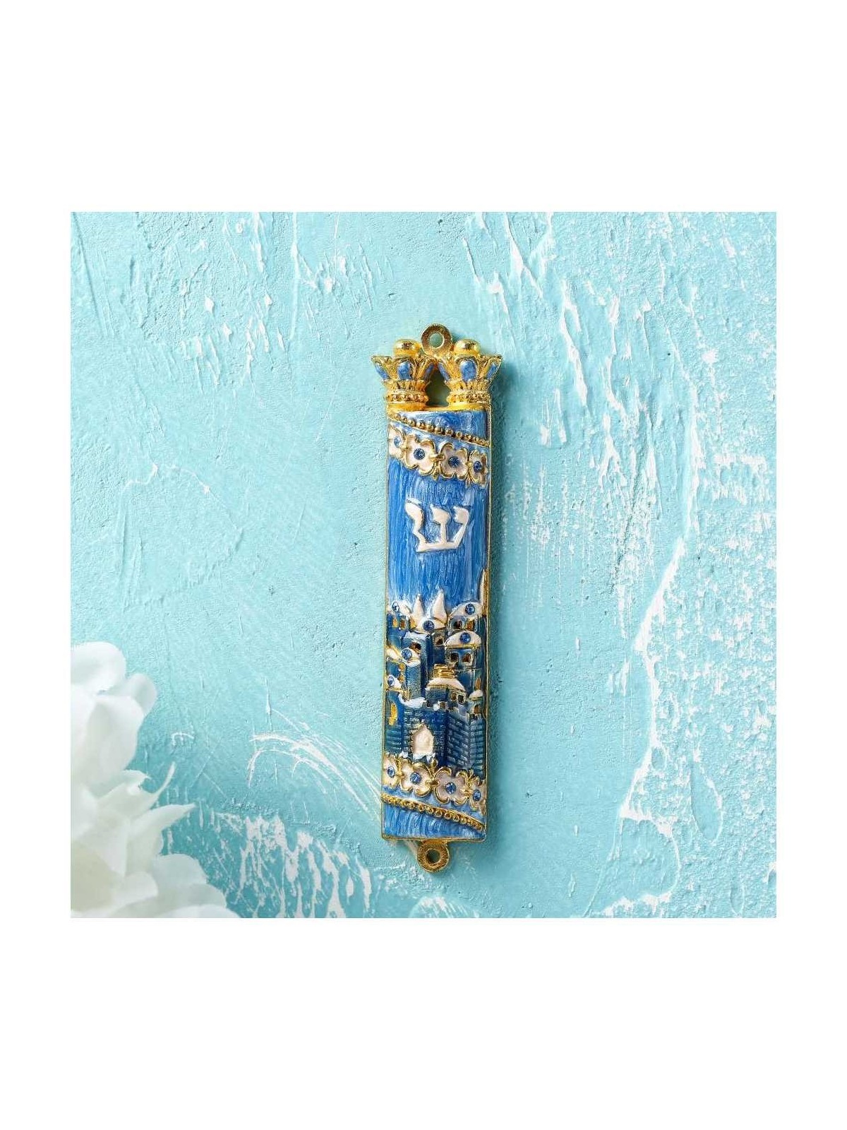 Gold and Blue Hand Painted Jerusalem Design Crysta | Mezuzahs | Judaic
