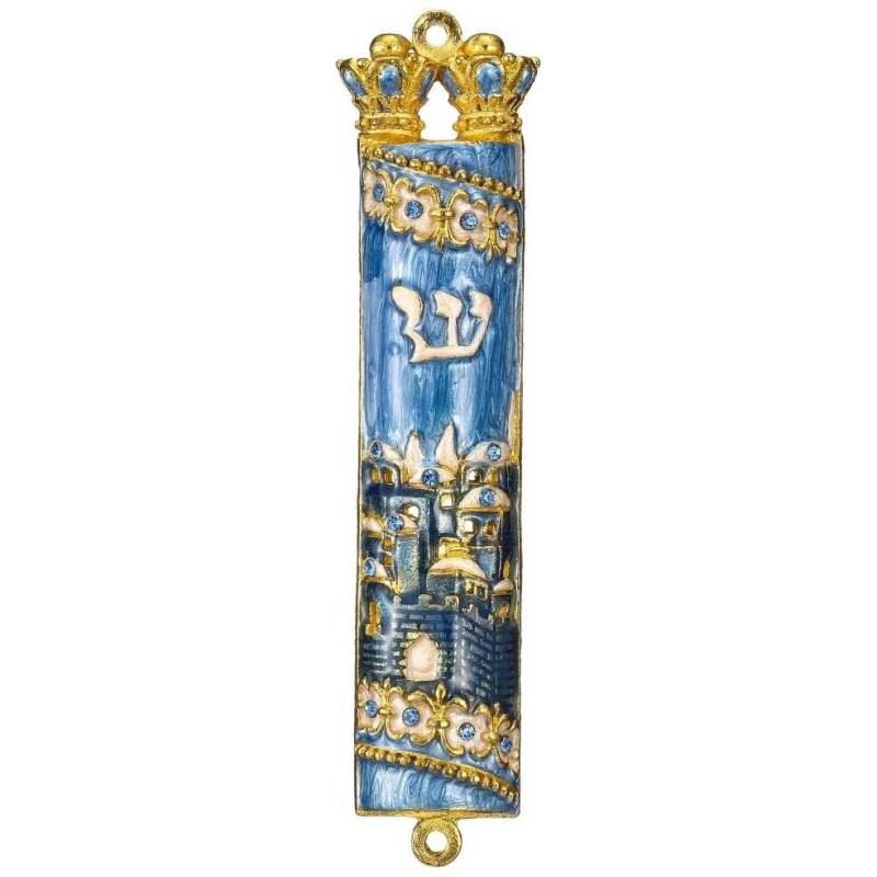 Gold and Blue Hand Painted Jerusalem Design Crysta | Mezuzahs | Judaic