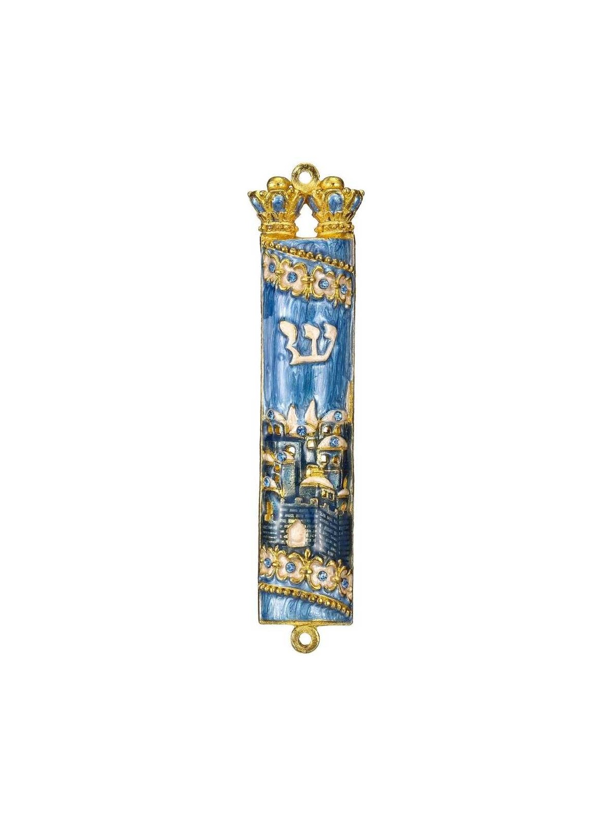 Gold and Blue Hand Painted Jerusalem Design Crysta | Mezuzahs | Judaic