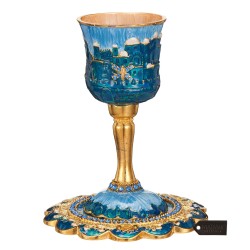 Blue and Gold Hand-Painted Jerusalem Stemmed Kiddu | Kiddush Cups | Ju