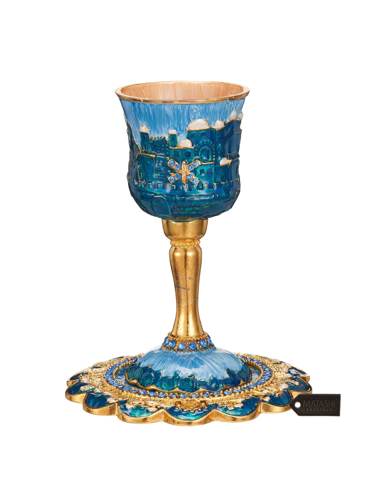 Blue and Gold Hand-Painted Jerusalem Stemmed Kiddu | Kiddush Cups | Ju