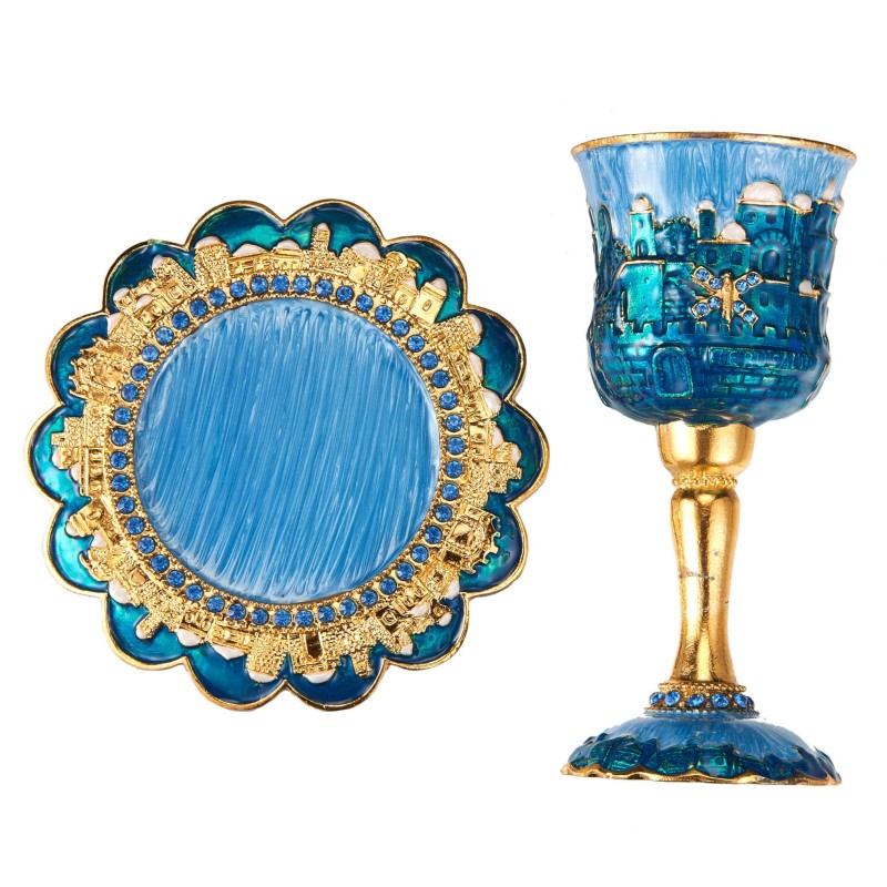 Blue and Gold Hand-Painted Jerusalem Stemmed Kiddu | Kiddush Cups | Ju