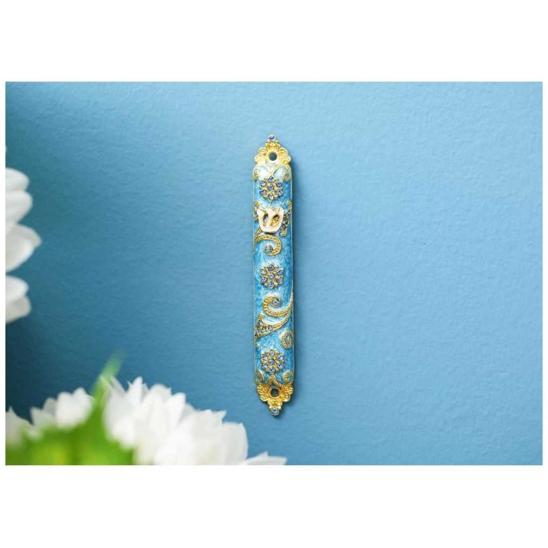 Teal & Floral Swirl Hand Painted Embellished Mezuz | Mezuzahs | Judaic