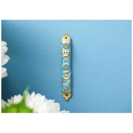 Teal & Floral Swirl Hand Painted Embellished Mezuz | Mezuzahs | Judaic