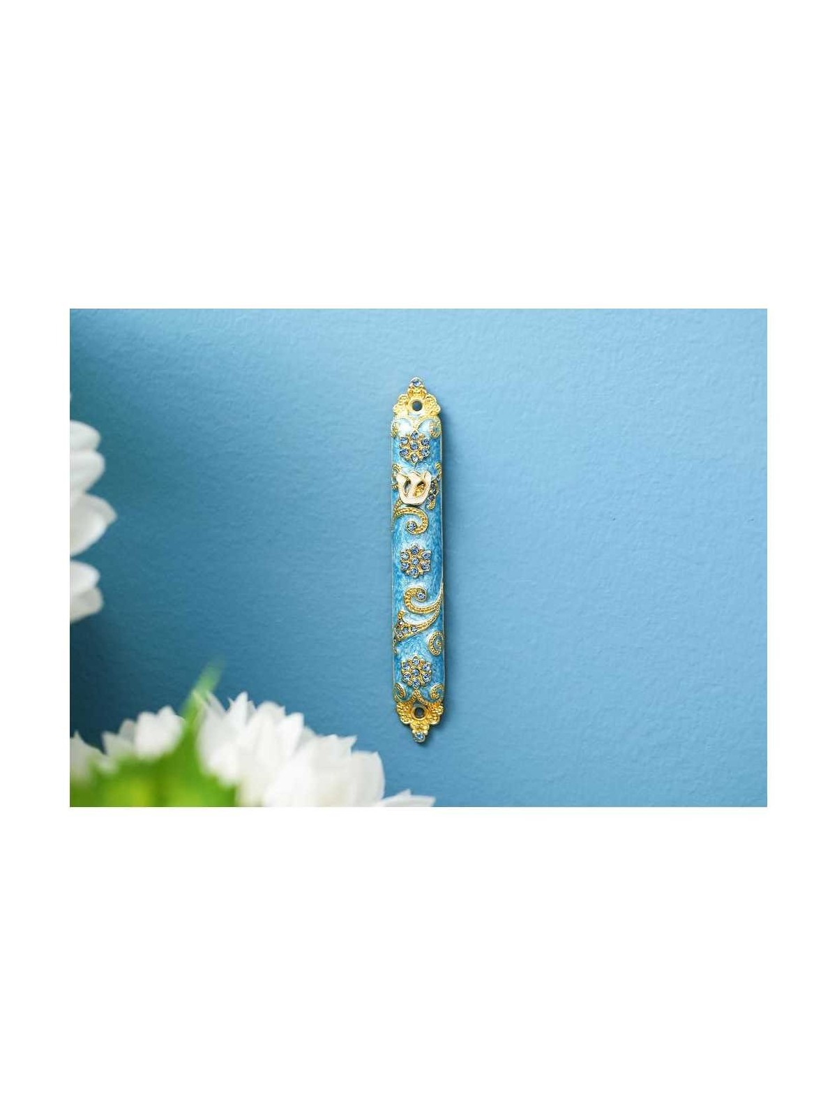 Teal & Floral Swirl Hand Painted Embellished Mezuz | Mezuzahs | Judaic