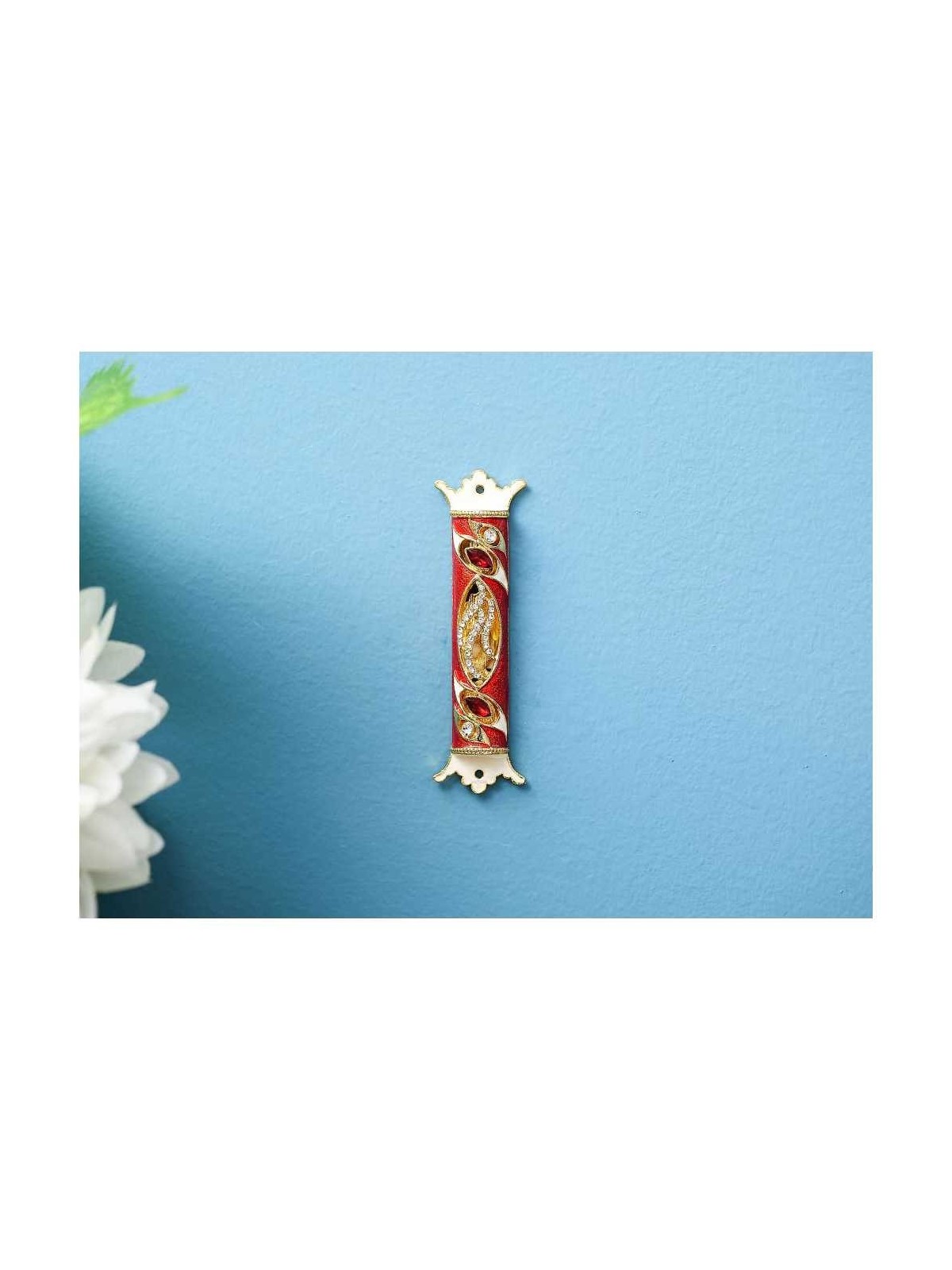 Gold Accented Royal Red Hand Painted Crystalled Me | Mezuzahs | Judaic