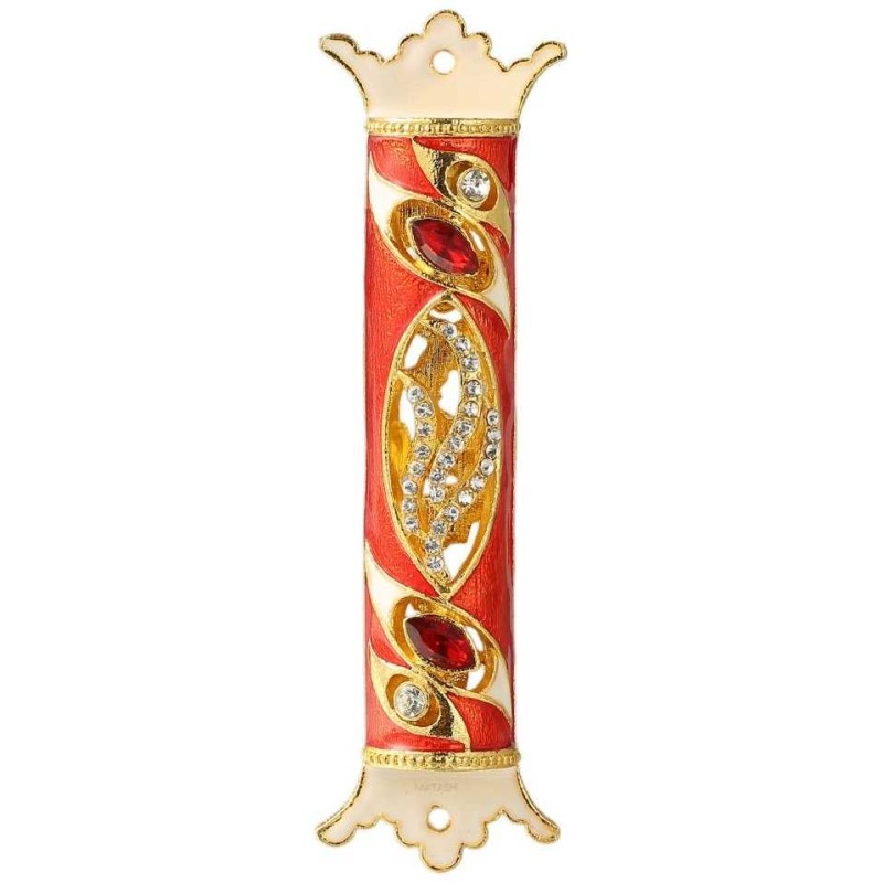 Gold Accented Royal Red Hand Painted Crystalled Me | Mezuzahs | Judaic