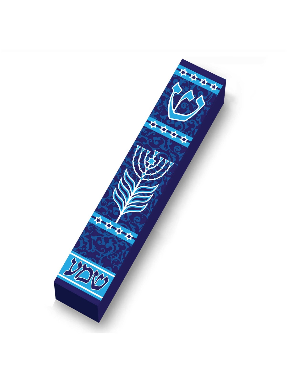 Blue Menorah Shema Wood Mezuzah Case | Mezuzahs | Judaica