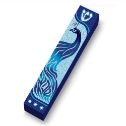 Blue Peacock Shema Wood Mezuzah Case | Mezuzahs | Judaica