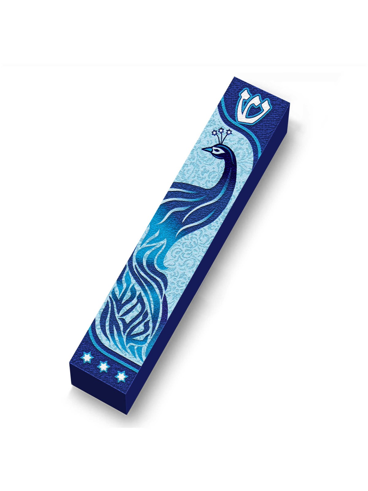 Blue Peacock Shema Wood Mezuzah Case | Mezuzahs | Judaica