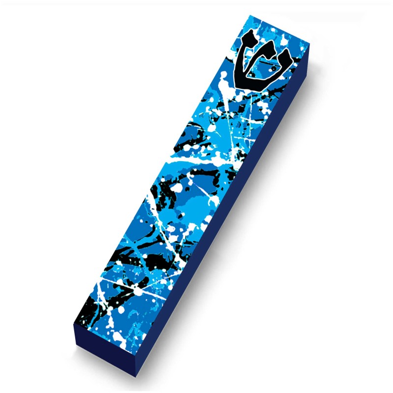 Blue Paint Splatters Wood Mezuzah Case | Mezuzahs | Judaica
