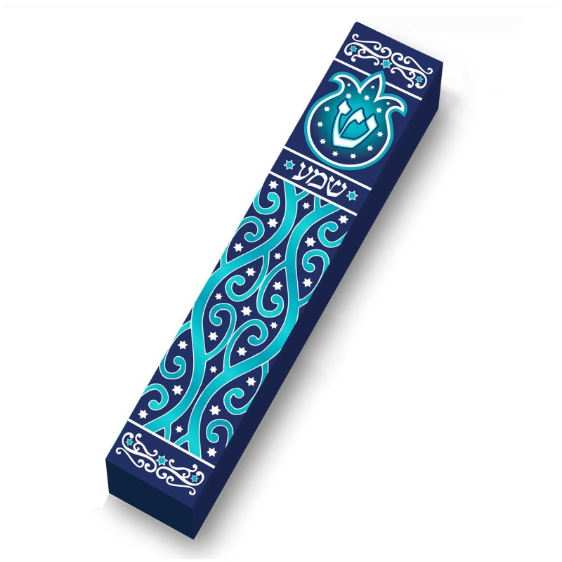 Aqua Pomegranate Wood Mezuzah Case | Mezuzahs | Judaica