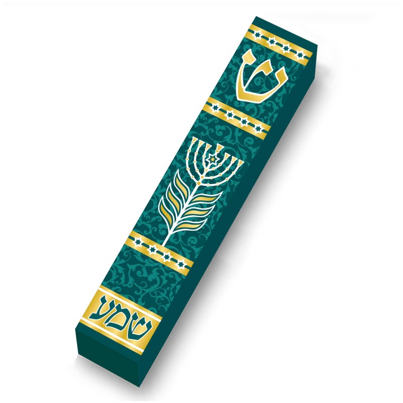 Green Menorah Shema Wood Mezuzah Case | Mezuzahs | Judaica