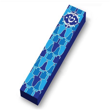 Blue Hamsa Pattern Wood Mezuzah Case | Mezuzahs | Judaica