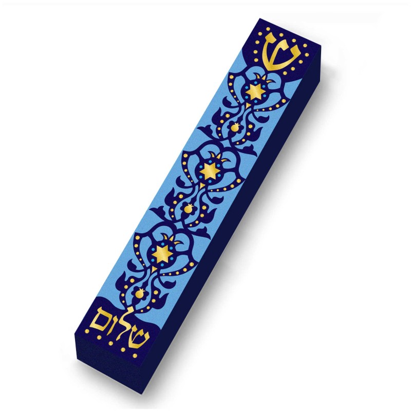 Blue & Gold Shalom Wood Mezuzah Case | Mezuzahs | Judaica