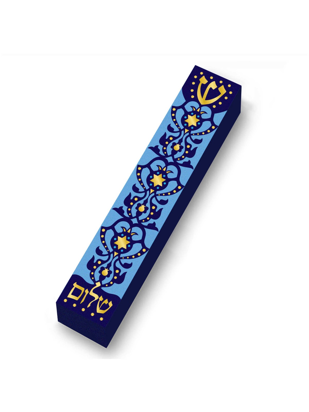 Blue & Gold Shalom Wood Mezuzah Case | Mezuzahs | Judaica
