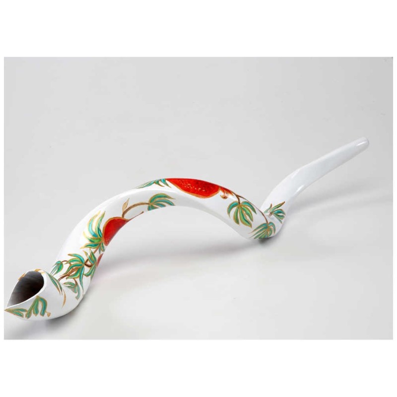 White Pomegranate Painted Yemenite Shofar - 40" (W | Rosh Hashanah | J